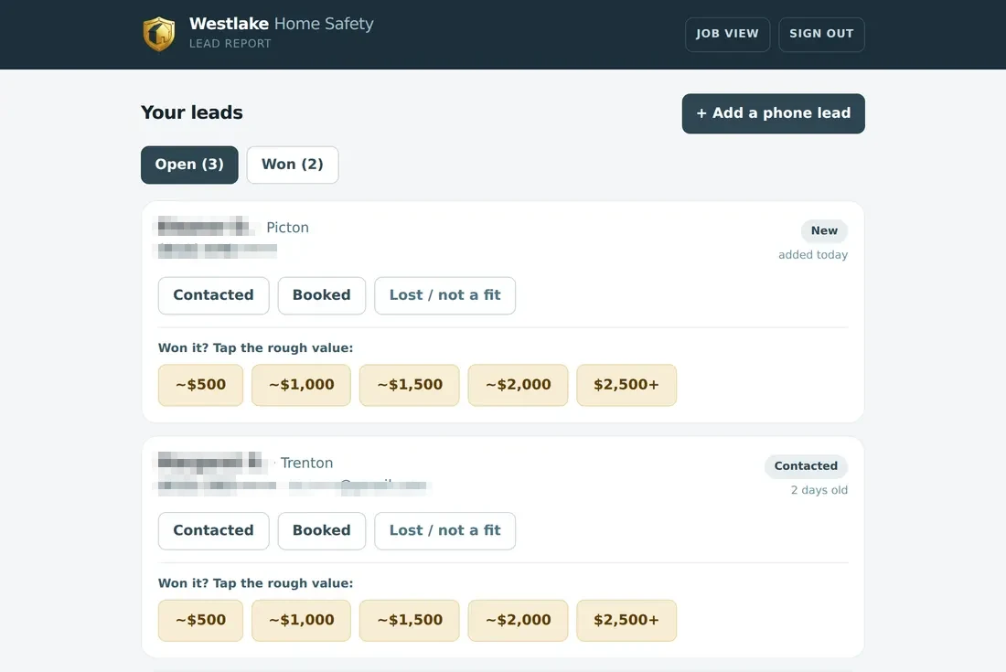 A client's live lead portal showing new leads from a Meta ad, with each lead's name, phone and email kept private